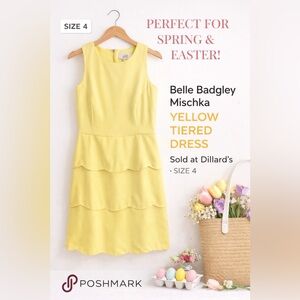 Belle Badgley Mischka Yellow Tiered Scalloped Dress Size 4 Feminine Fancy